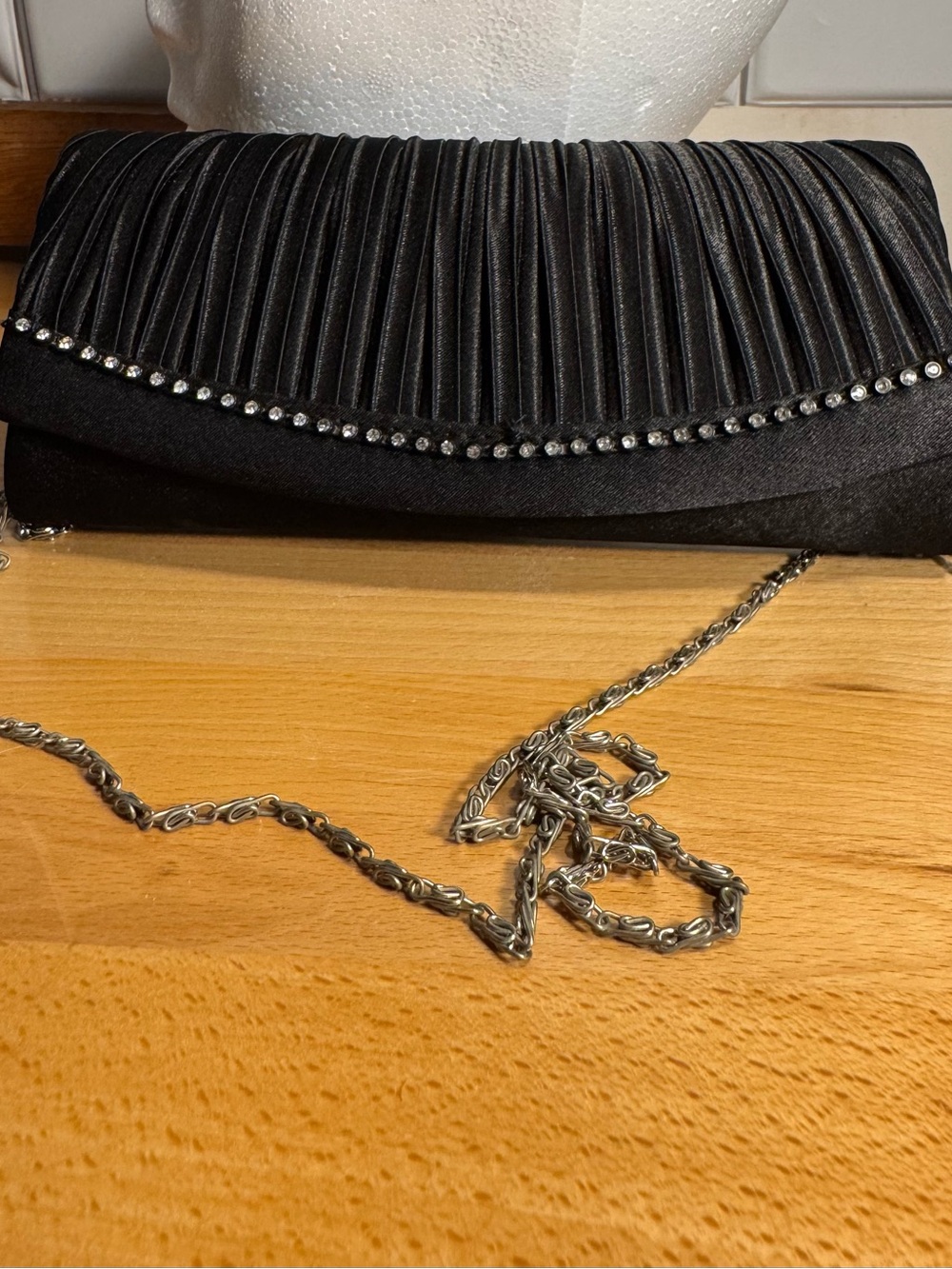 Elegant Black Pleated Evening Clutch with Rhinestone Trim